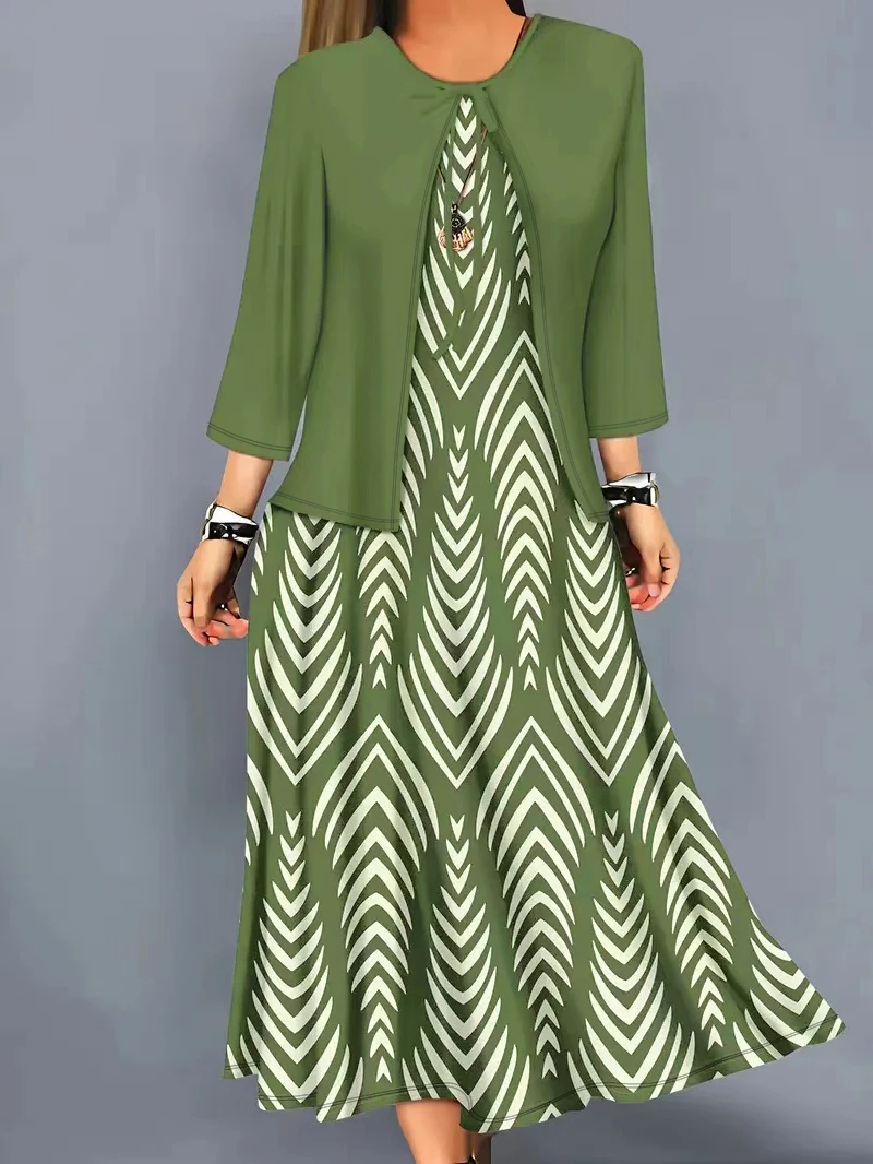Women's Spring and Autumn Dress Set - Fashionable Patchwork Cardigan + Striped Print Sleeveless Dress