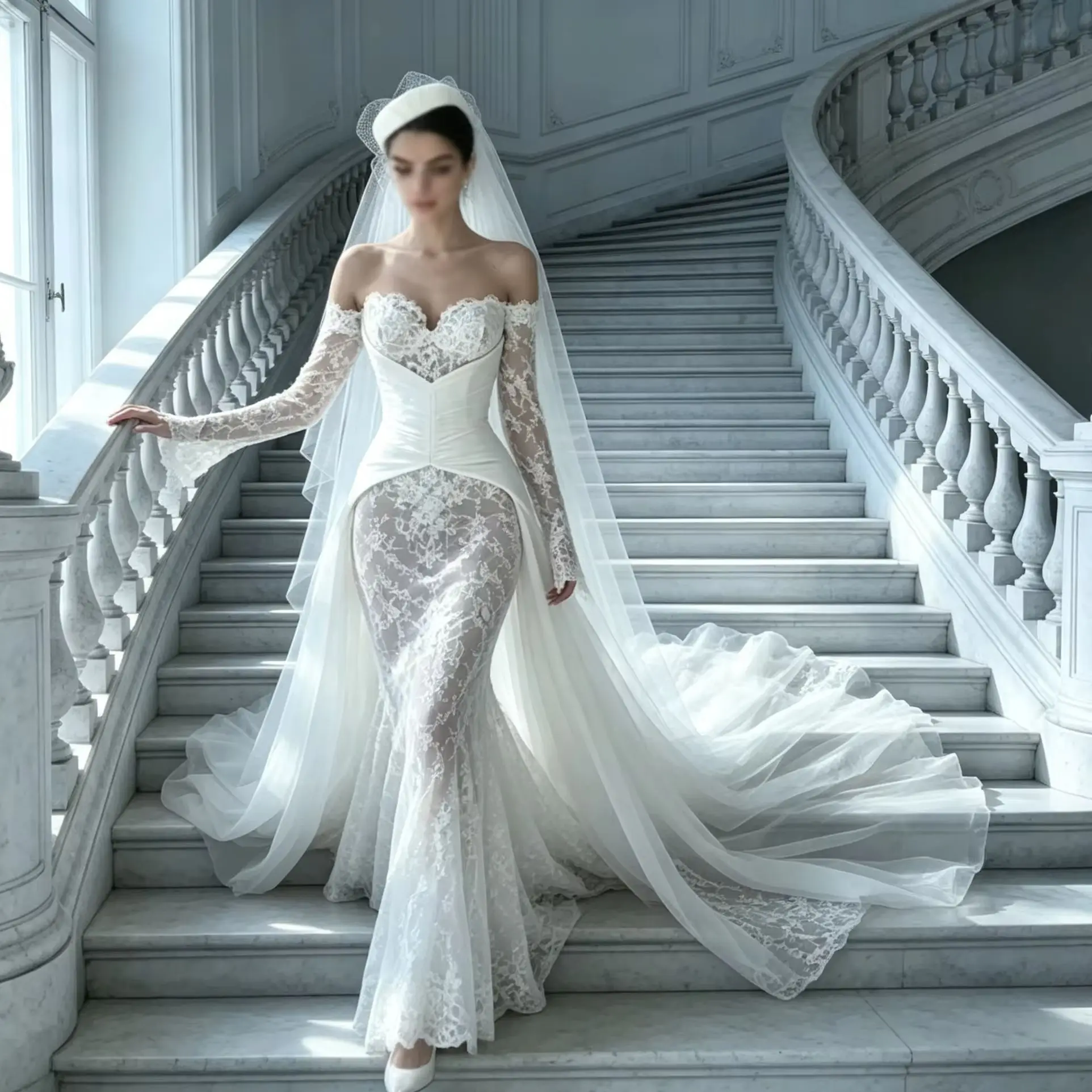Customized  Mermaid Lace  Wedding Gown Sweetheart Off Shoulder Long Sleeves Detachable Chiffon Train Bridal Vestidos De Noiva