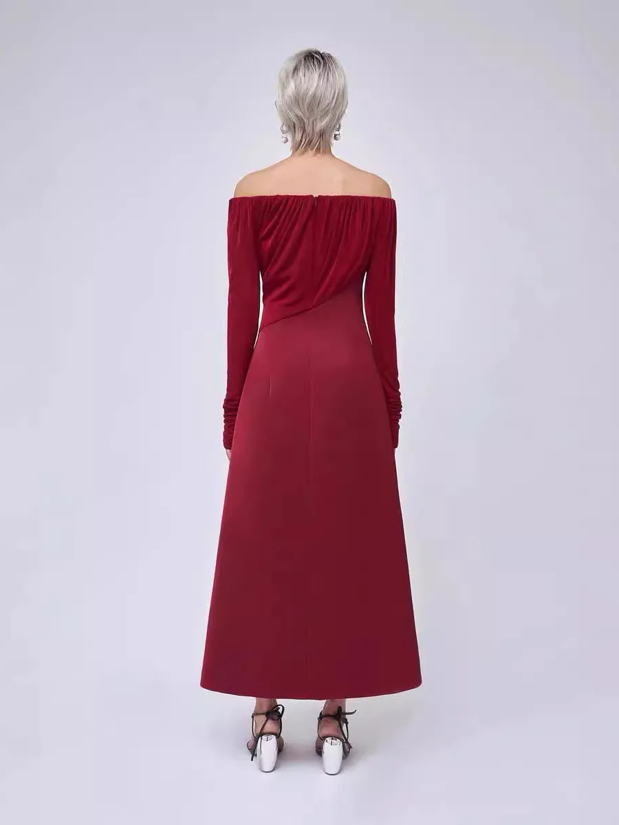 BEWQ แฟชั่นผู้หญิงชุดราตรีคอพลีทถักเย็บปะติดปะต่อกันเอวสีทึบชุดปาร์ตี้สุดหรู 2025 ฤดูใบไม้ร่วงใหม่