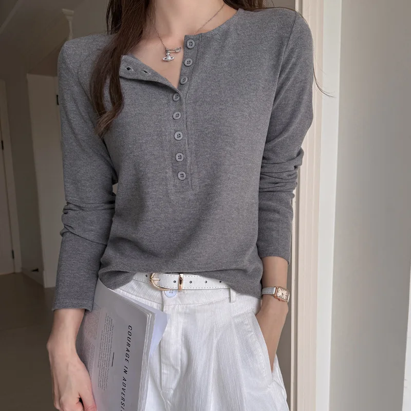Women Korean Henley Neck Button Long Sleeve T Shirt Loose Casual Inner Outer Wear Basic Top