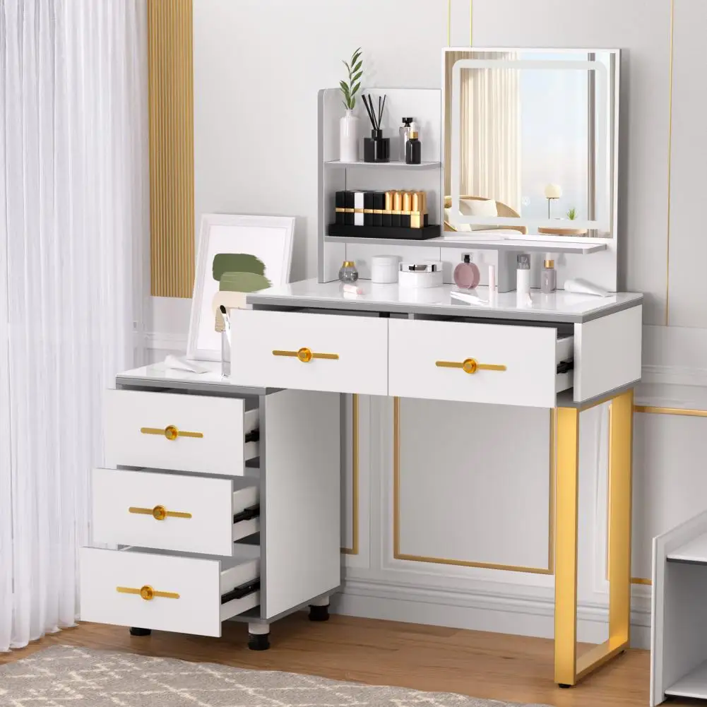 

Makeup Desk With Light Mirror Modern Large Vanity Desk With Storage Shelves/5 Drawers Simple Vanity Table For Bedroom