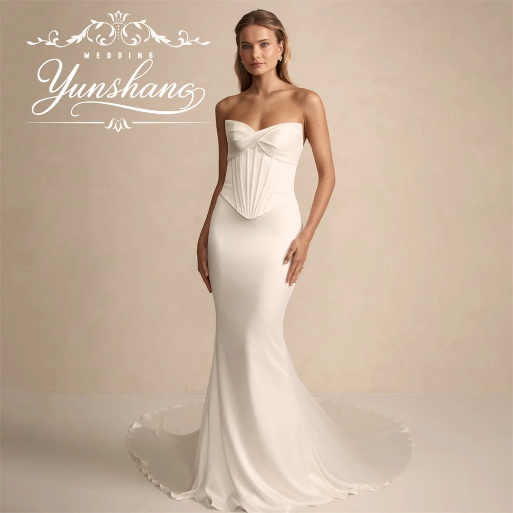 

YunShang Customized Bow Strapless Mermaid Wedding Dress Sleeveless Corset Sweetheart Sweep Train Floor Length Simple Morden New