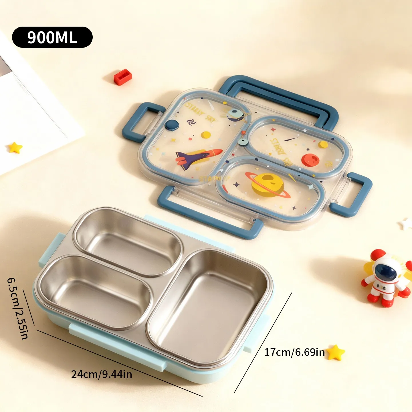 Grote capaciteit cartoon kinderlunchbox met handvat, draagbaar, lekvrij, 304 roestvrij staal, verdeelde voedselcontainer, verwarmbaar