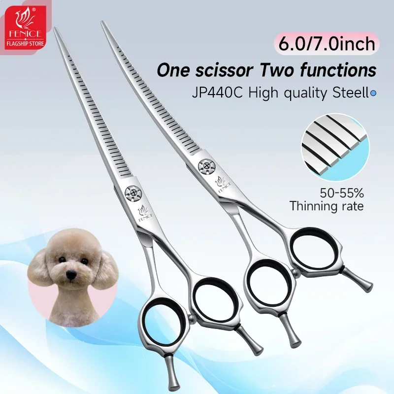 Fenice 6/7 Inch Curved/ Straight Two-Function Pet Grooming Scissors Comprehensive Fluffy Chunker Dog Trimming Scissors 50-55%
