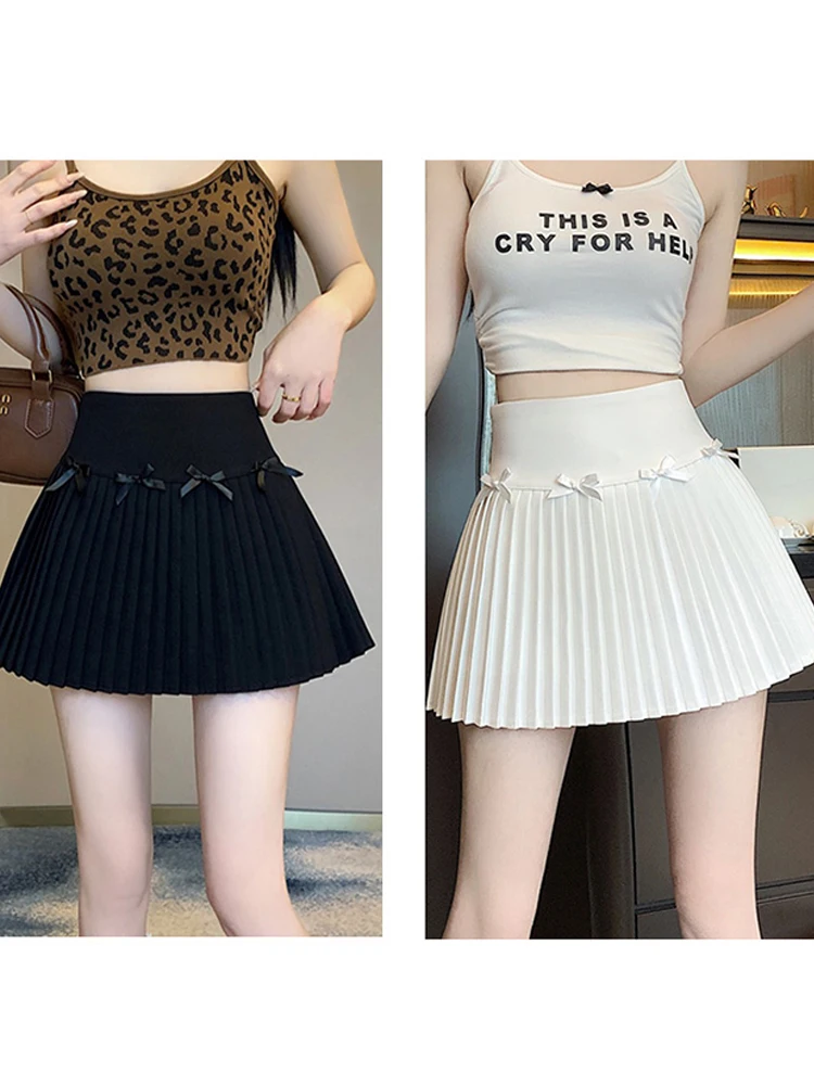 Mini saias femininas vintage arco cintura alta magro estilo preppy saia plissada menina moda streetwear doce culottes