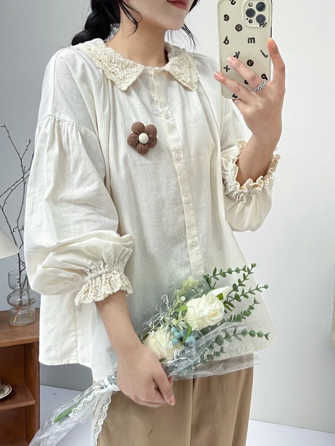 Mori kei clothing Japanese retro lace collar long sleeve shirts blouses women cotton large size tops lolita plus size clothes