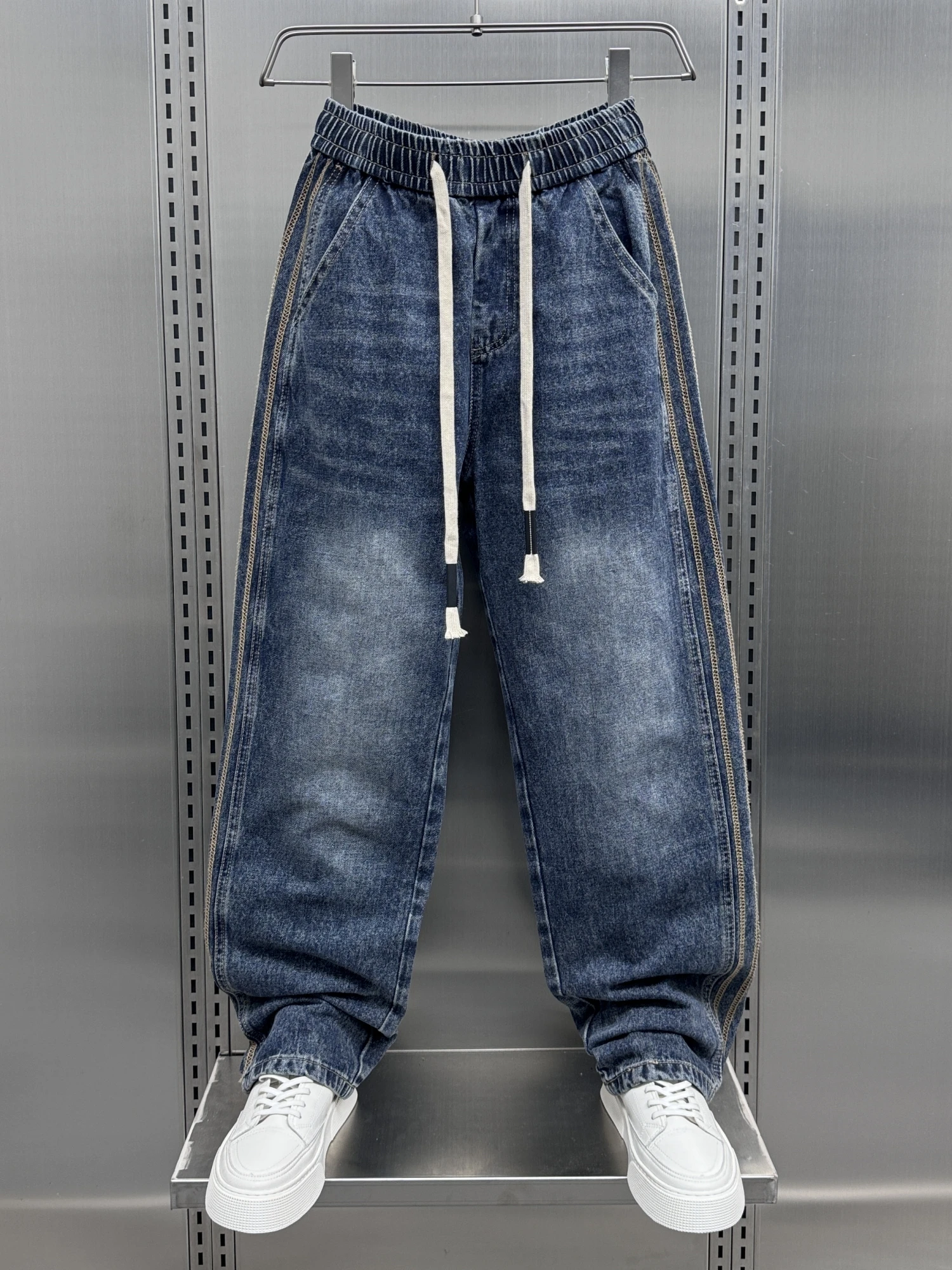 

New 2025 Men's High-End Waed Jeans Loose Long Hong Kong Sle Straight Leg Floor-Length Trendy Jeans Youth Wear Autumn