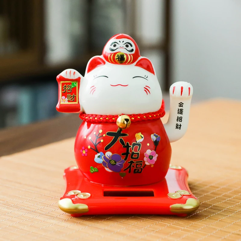 4.5inch Solar Powered Waving Arm Lucky Cat, Ceramic Fortune Cat, FengShui Figurine, Home Tabletop Deoration, Lucky Charm Gift