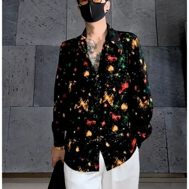 

Spring and summer fashion casual top all-over star print long sleeve ice silk drape shirt for men butterfly print loose shirt