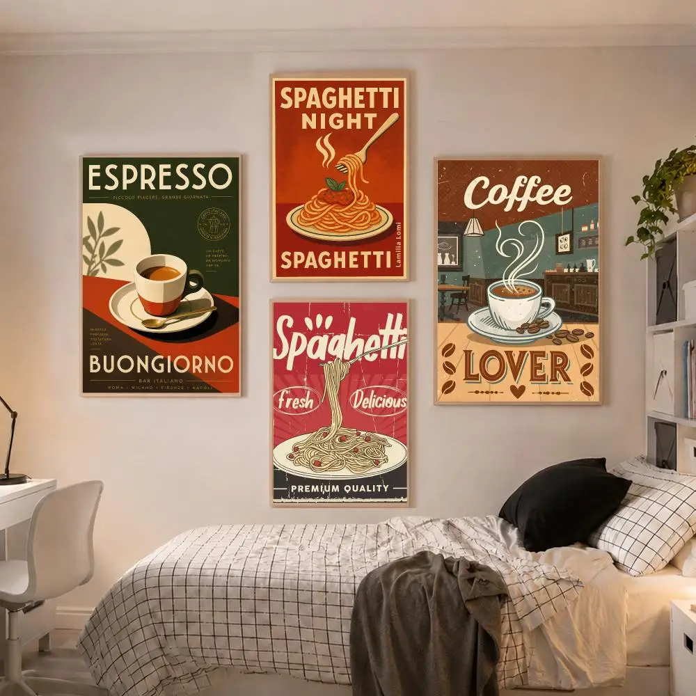 Modern Trendy Retro Vintage Pasta Coffee Poster Modern Aesthetic Wall Art Poster Home Bar Cafe Decor Gift
