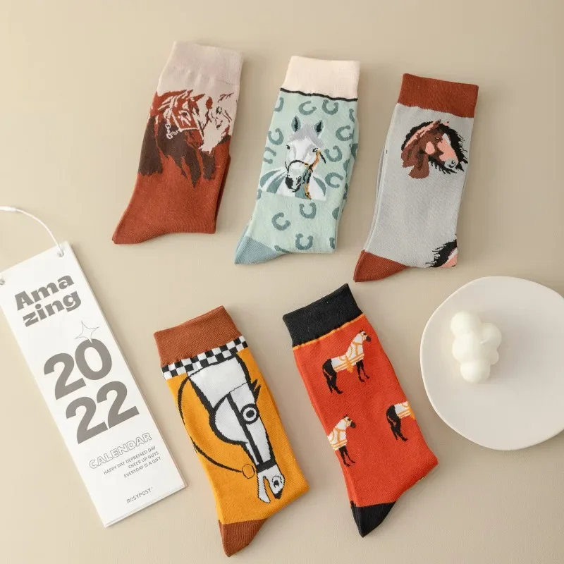 5 Pairs Cartoon Horse Print Socks, Comfy & Funny Mid Tube Socks, Women\'s Stockings & Hosiery