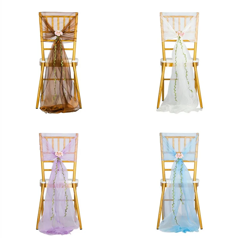 10PCS/LOT Decoration Outdoor Organza Chair Sashes With Flower Banquet Hotel Wedding Chair Cap Solid Chair Covers