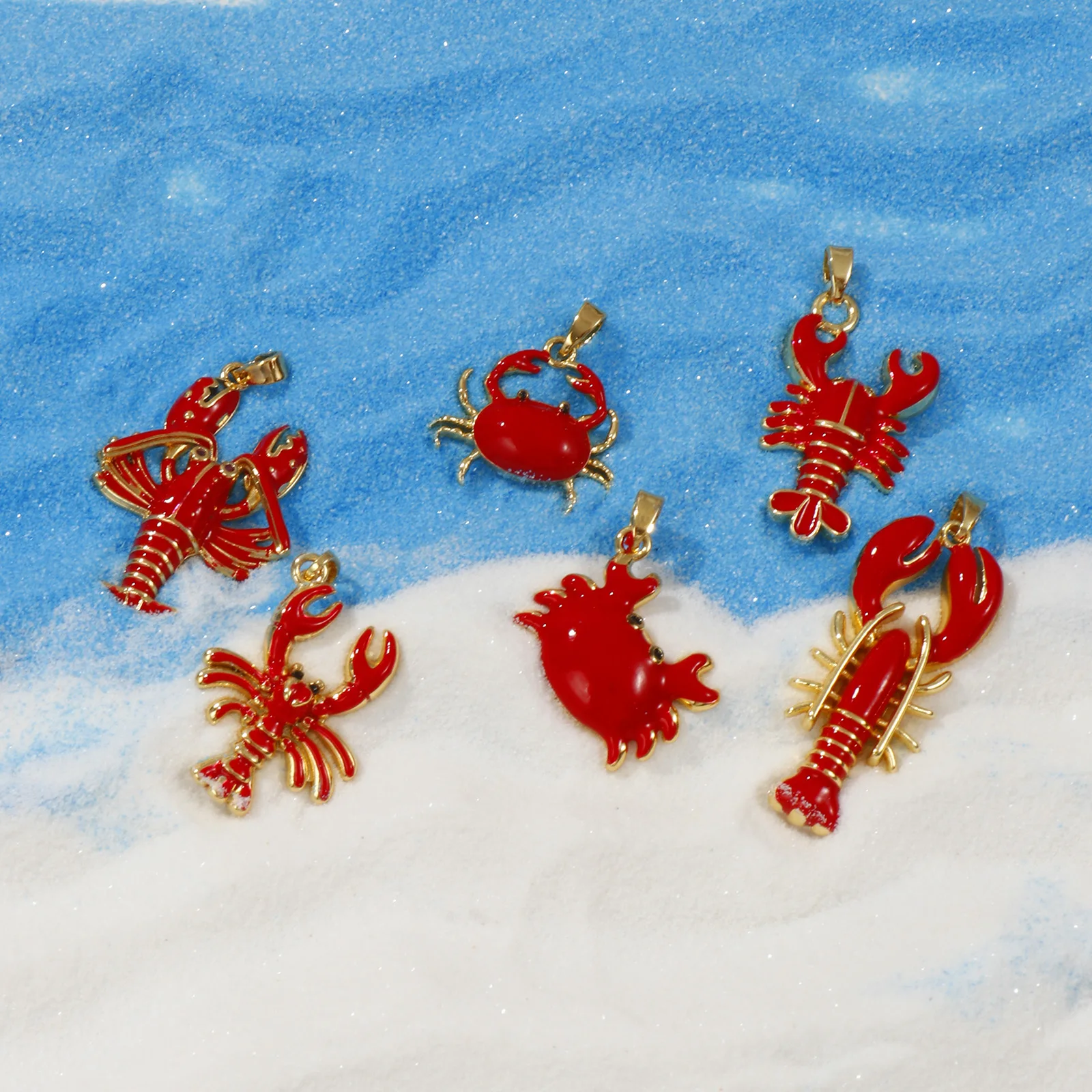 2-Piece 18K Gold Plated Red Enamel Crab Charm Pendants
