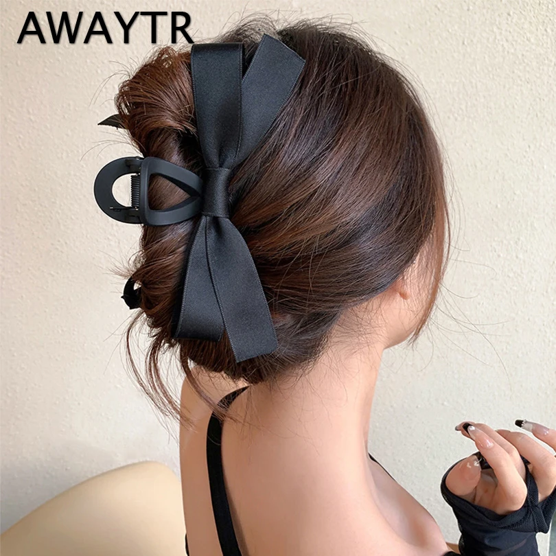 AWAYTR Simple Bow Hair Claws Clip Big Shark Claw Hair Clips Black Bowknot Hairpin Barrettes For Ponytail Women Hair Accessories