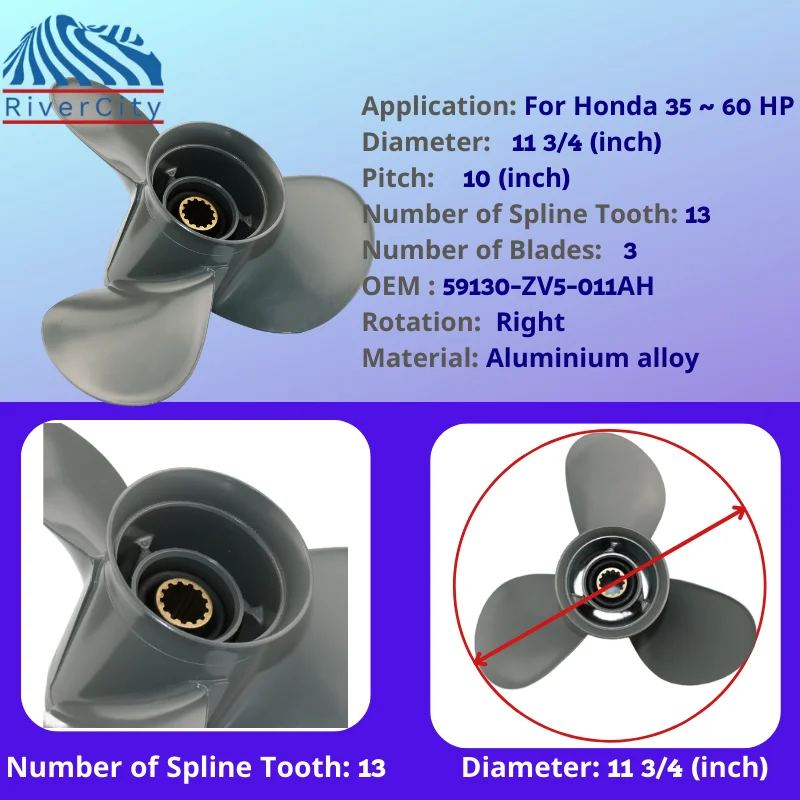 For Honda 35HP 40HP 45hp 50hp 60hp 11 3/4x10 Outboard Propeller Boat Aluminum Alloy Screw 3 Blade 13 Spline Marine Engine