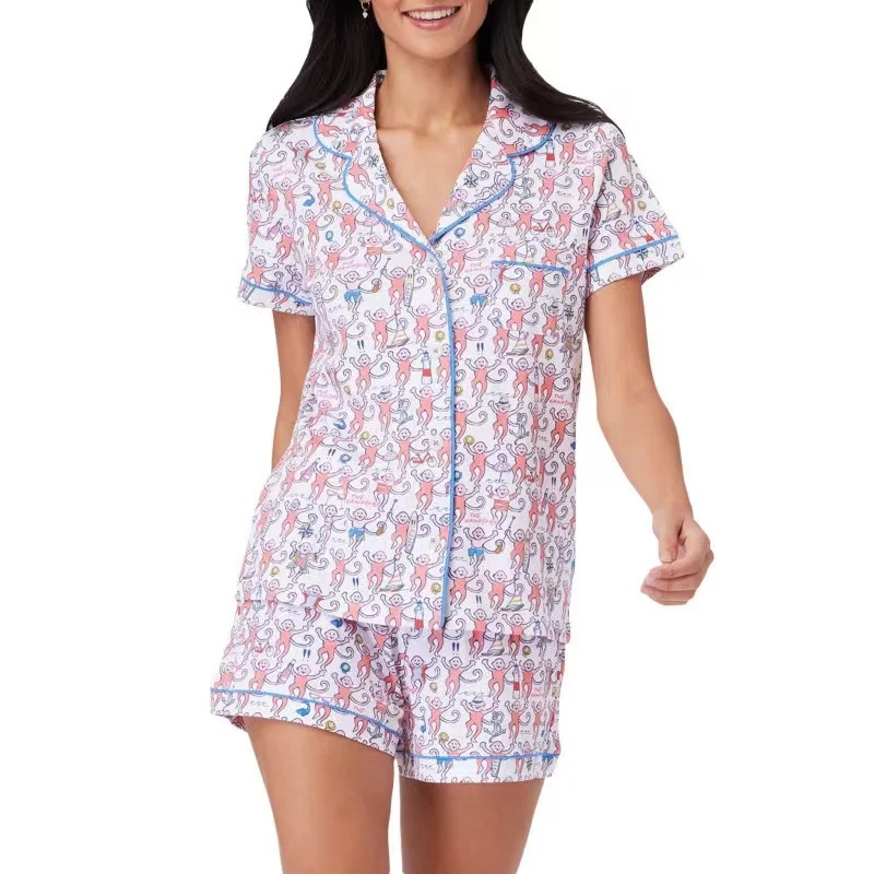 Women Rabbit Pajamas Monkey Printed Pajama 2 Piece Set Woman Short Sleeve Shirt Shorts Pj Set Casual Wear