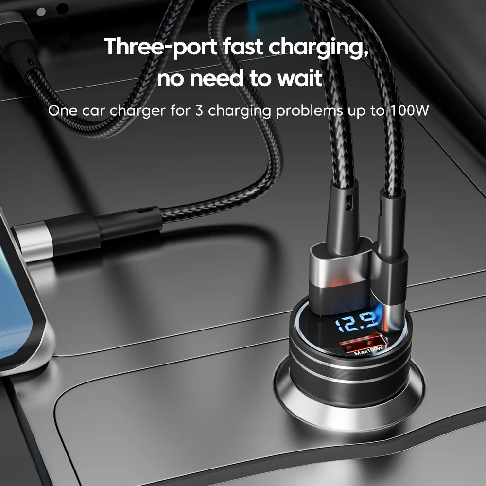 3-Port Car Charger Digital 100W Max Fast Charging PD30W 2USB+Type C Car Phone Charger Adapter for iphone Samsung Xiaomi Huawei