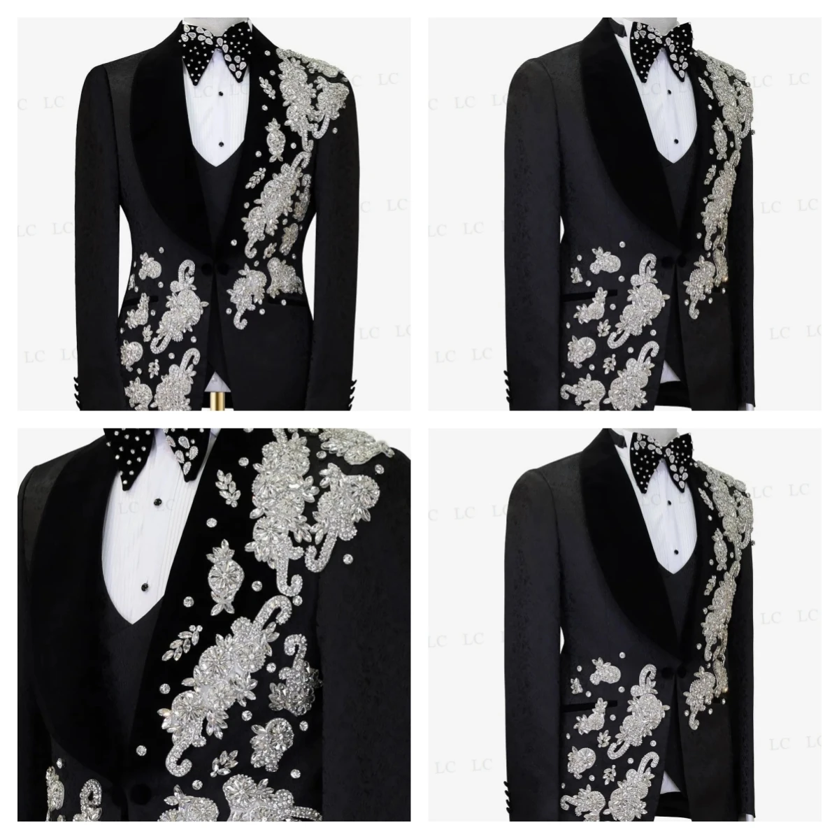 

Design 3 Pieces Men Suits One Button Blazer Velvet Lapel Wide Diamonds Beads Tuxedo Slim Wedding Groom Prom Plus Size Customed