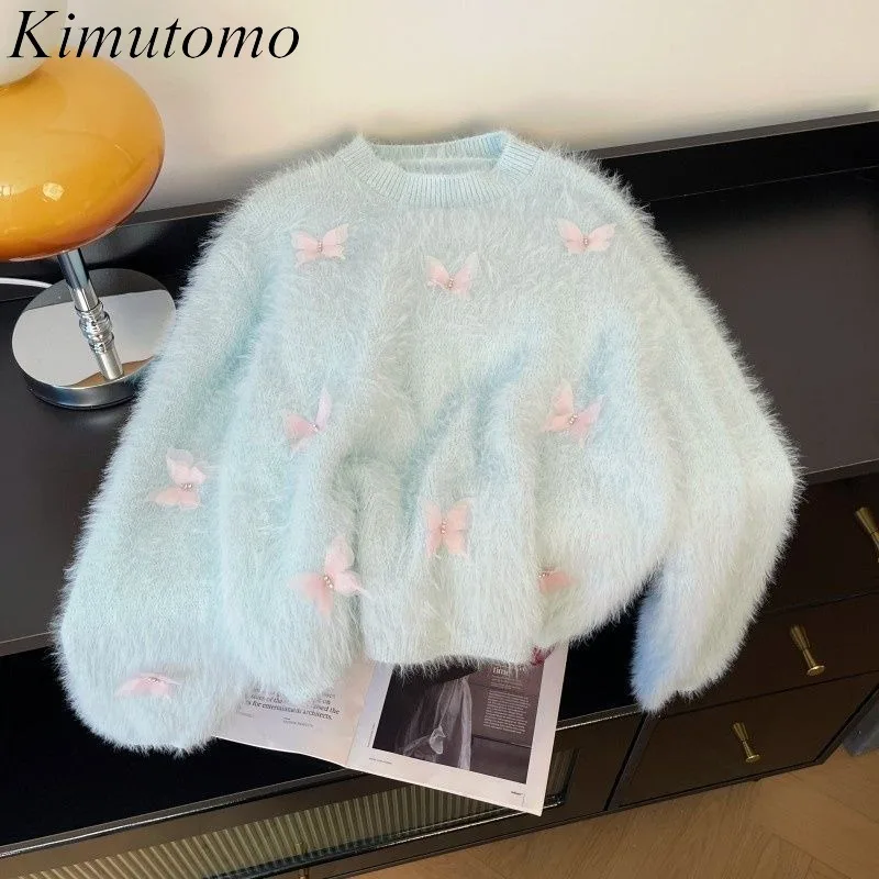 

Kimutomo вязаный свитер женский с бабочкой и круглым вырезом осень-зима 2025 модный милый элегантный пуловер женский повседневный джемпер
