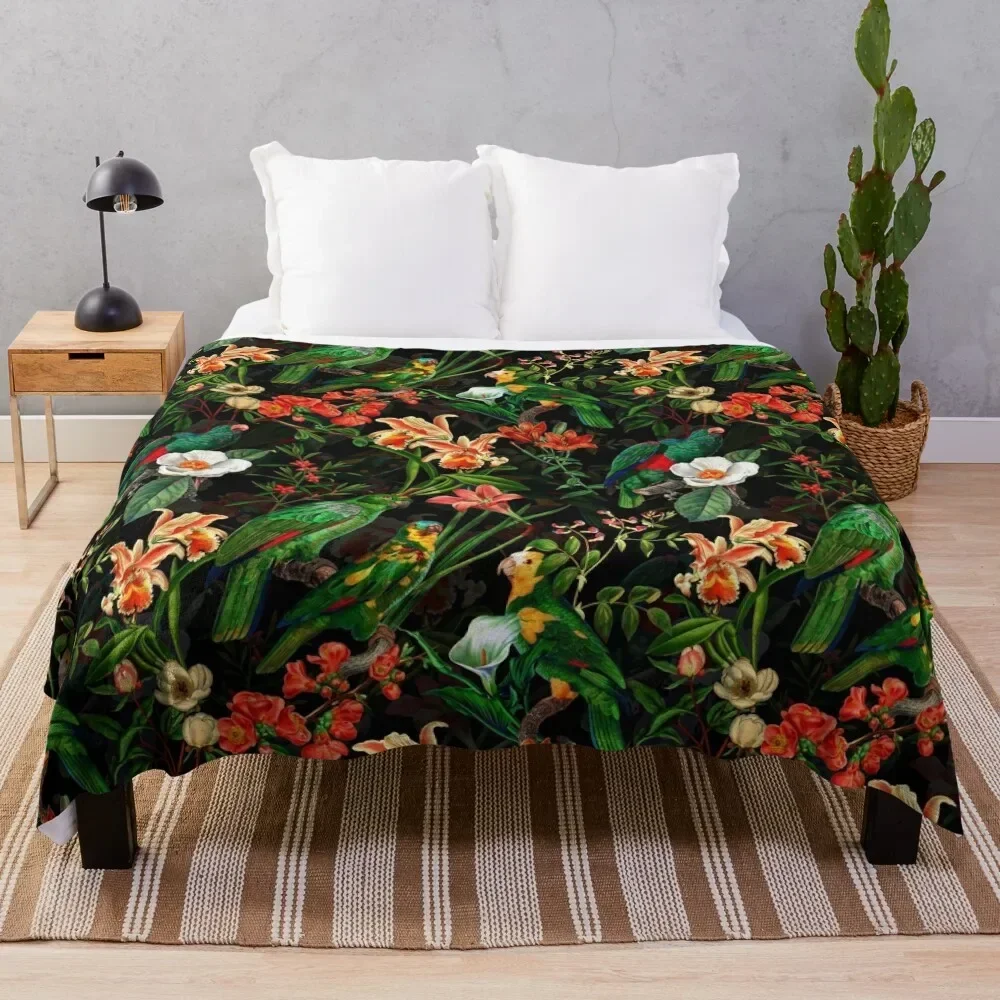 Pierre Joseph Redoute tropical vintage jungle flowers and parrots nostalgic mystic Botanical Night Garden pattern Throw Blanket