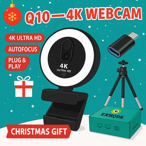 Imagen 1 del producto EXHQDR Cámara web USB 4K/1080P con anillo de enfoque automático, cubierta de privacidad, trípode tipo C para PC, Zoom, transmisión de reuniones