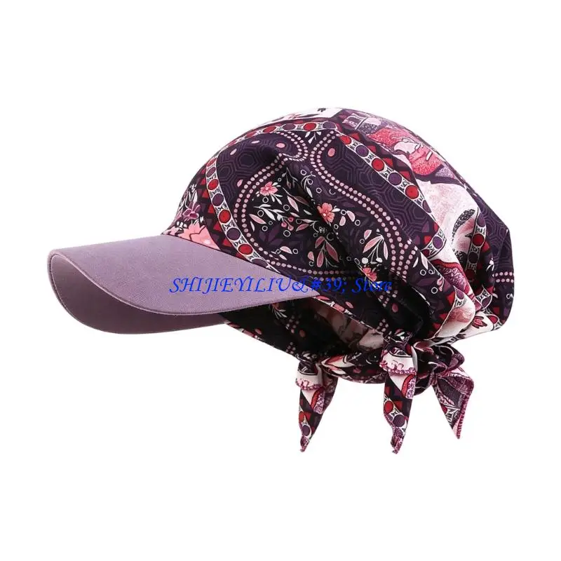E21F Printed Sun Shade Hat with Scarf Back for Women, Wide Brims Polyester Sun Hat with Back Tie for Beach Walking and Travel
