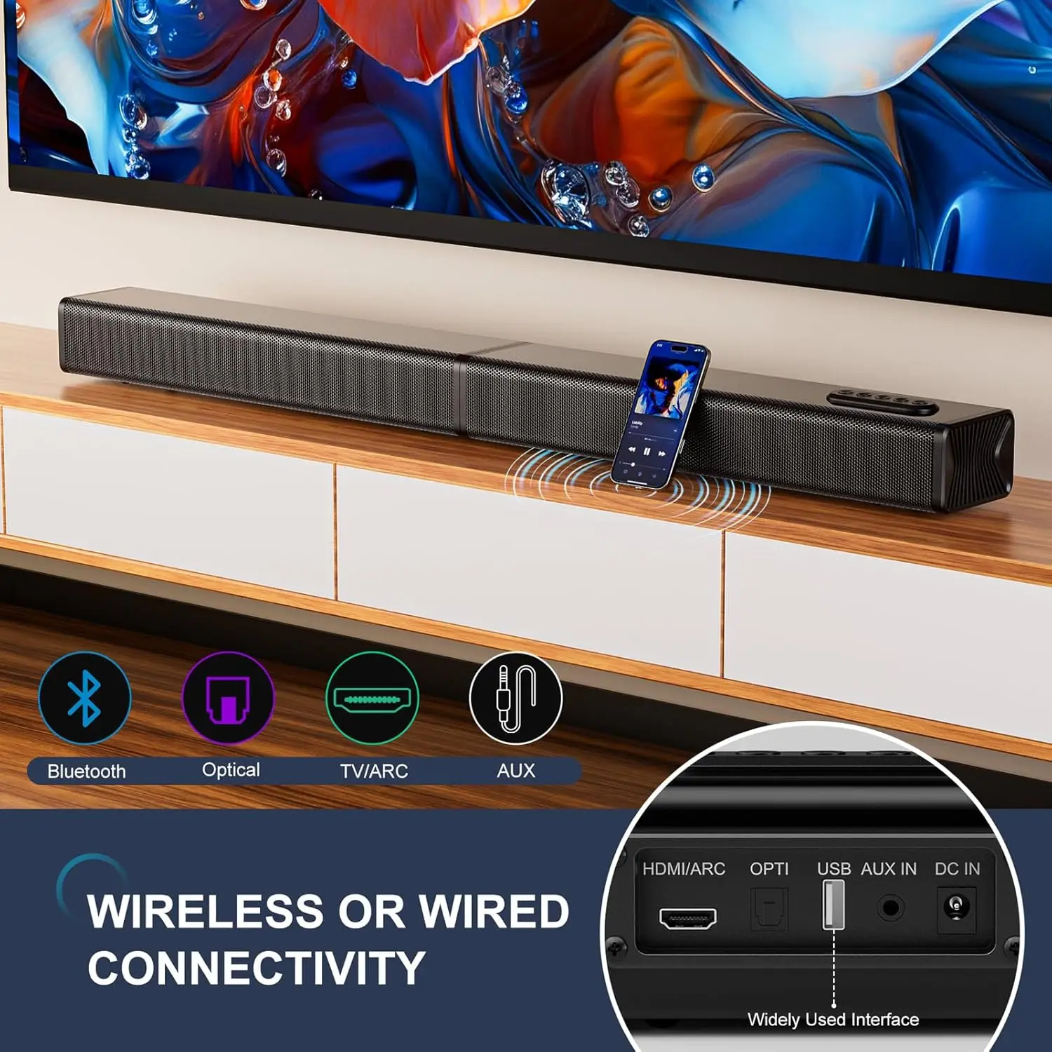 Sound Bar for Smart TV, 2 in 1 Detachable Soundbar Speaker, Sound Bar for TV/PC/Gaming/Projectors, Wall Mountable view 4