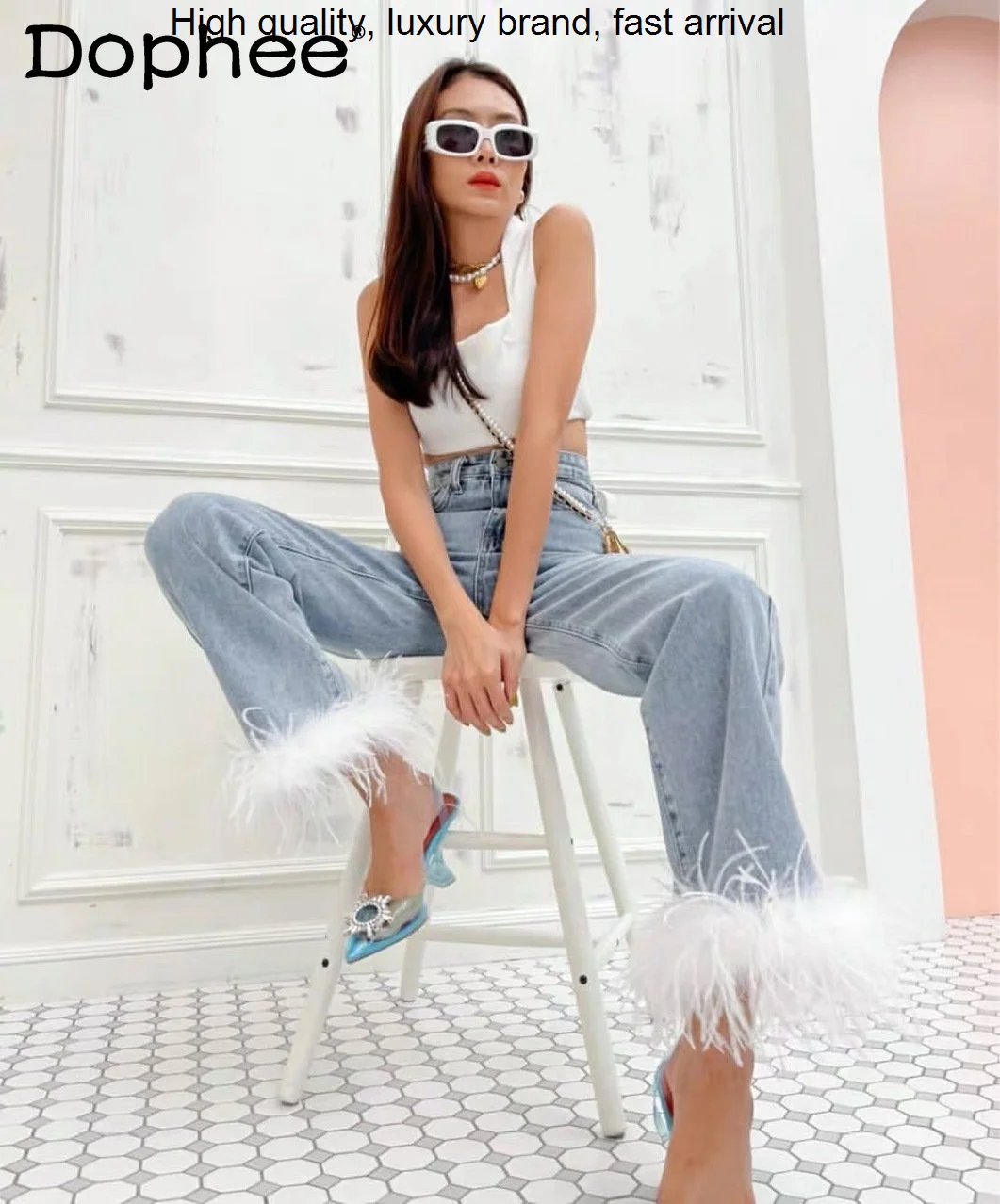 

Ostrich Streetwear Trousers Feather Decorative Straight Denim Cropped Pants 2023 Spring New High Waist Jeans Women