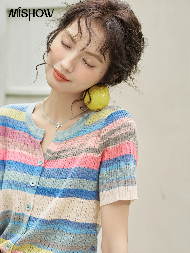 MISHOW Rainbow Striped Short Sleeve Knitted Sweater for Women Summer 2024 O Neck Single Breasted Dopamine Thin Tops MXD26Z0649