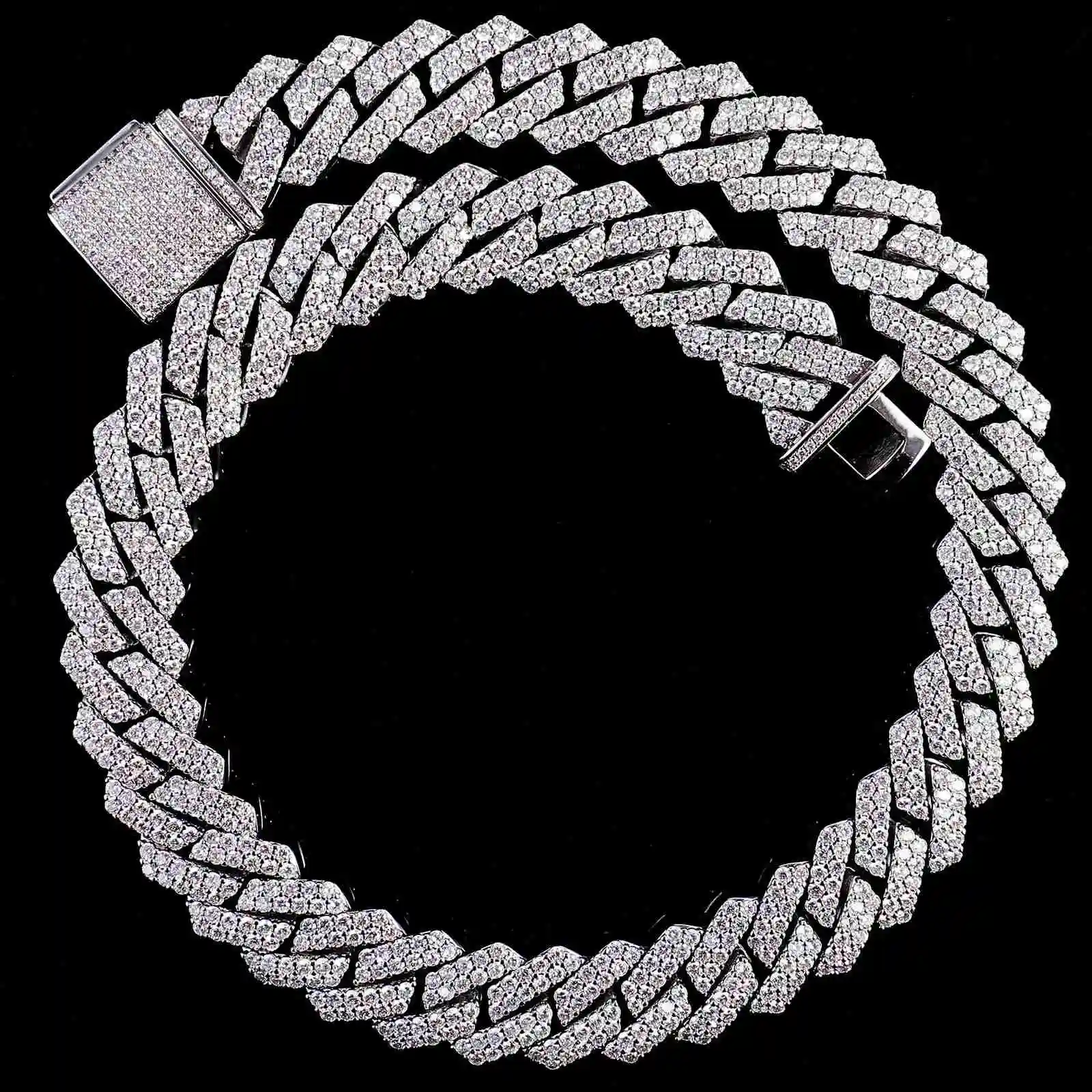 Spot 12mm Full Mosan Cuban Chain 2 Row Stone Hip Hop Trend Children's Sterling Silver Gold Plated Forever Star Third Necklace，