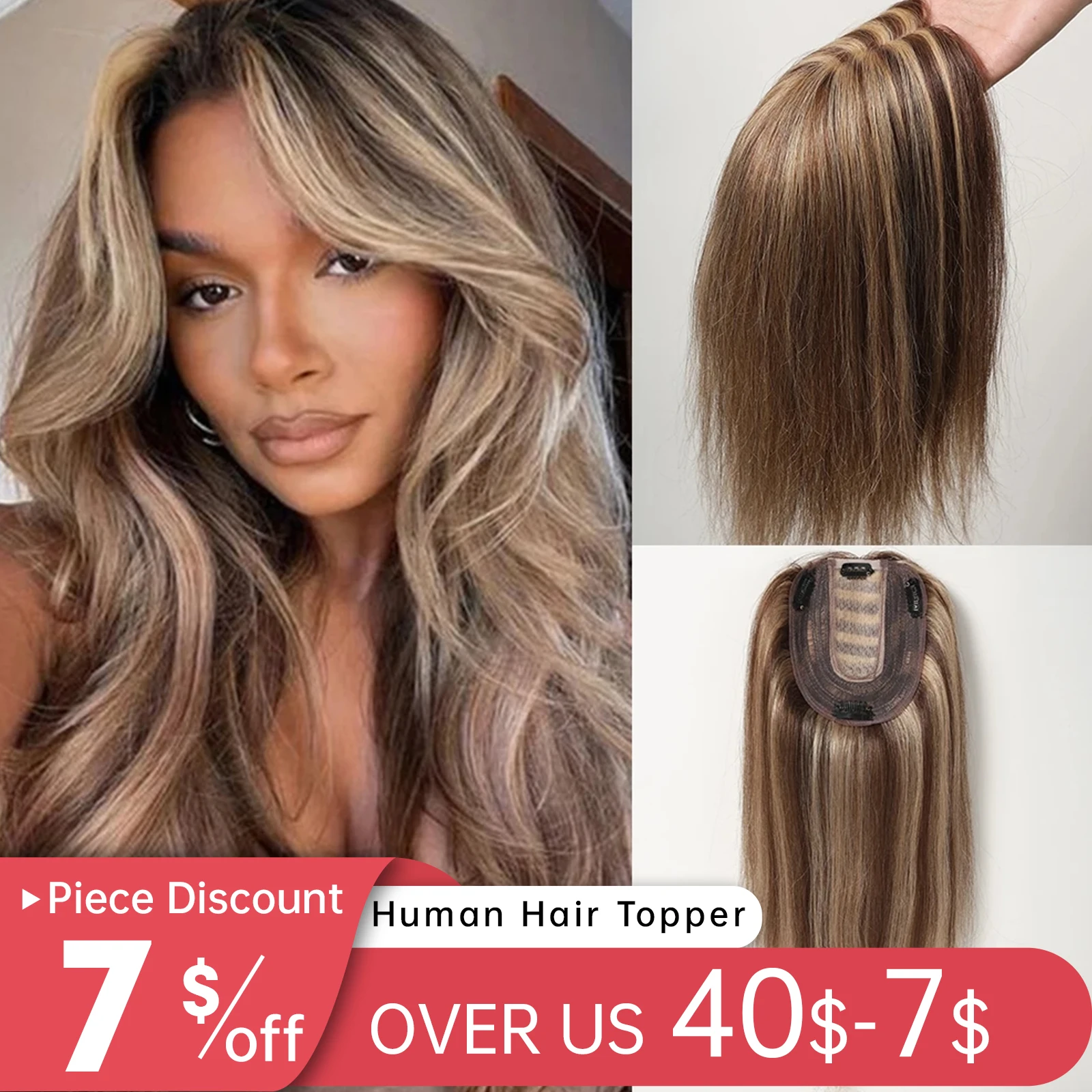 

Women Hair Toppers for Thinning Hair Brown Highlight Blonde Middle Part Hair Pieces Silk Base Clip Real Human Top Hair Toppers