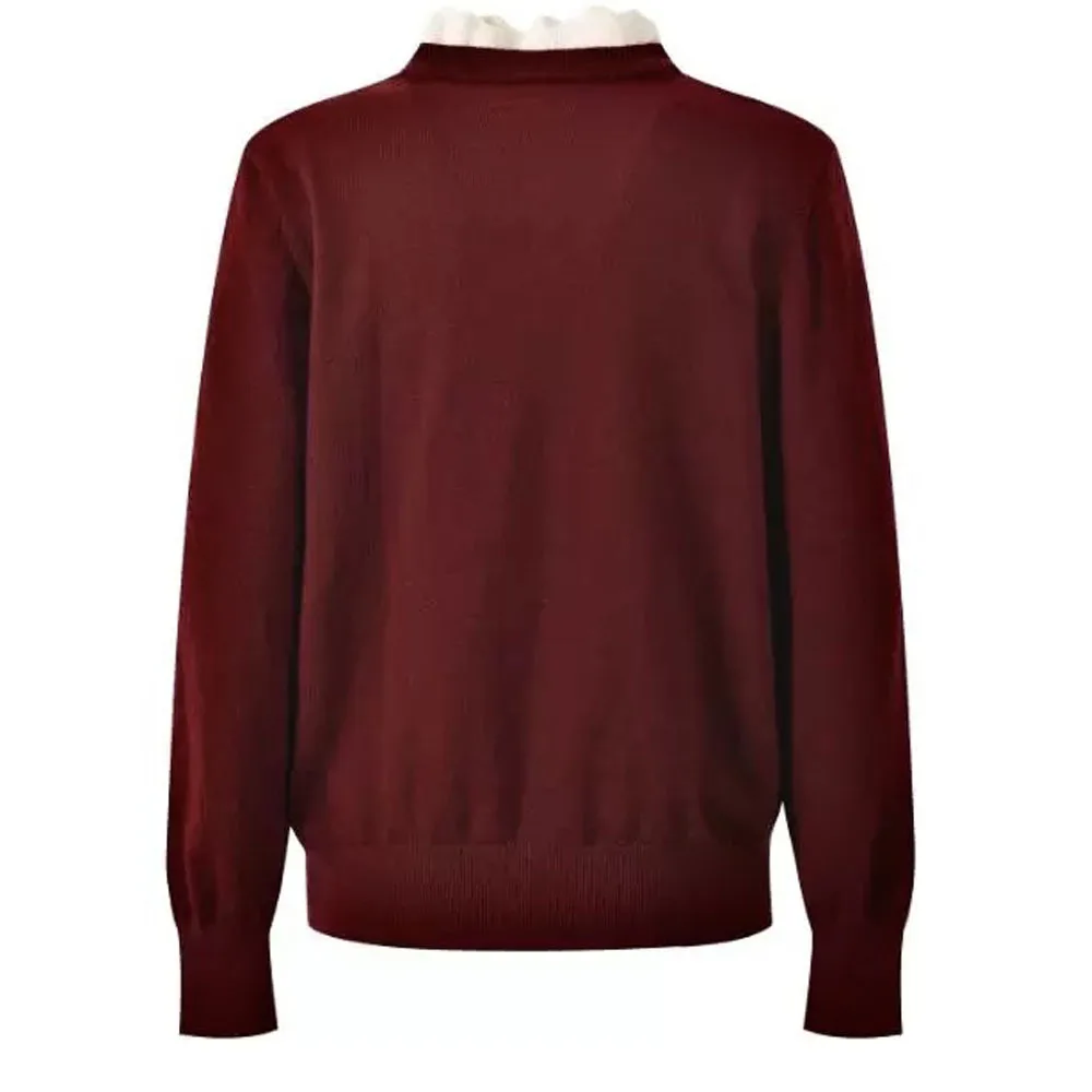 Sweter damski MaSandeS, dzianinowy, imitacja dwuczęściowego, ozdobny kołnierzyk, miękki sweter, casualowy, jasny, z detalami z efektu przetarcia.