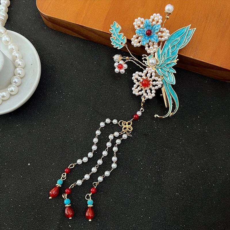 

Hanfu Floral Hair Accessory with Tassels, Classical Burnt Blue New Chinese Style Horse Face Skirt Hairpin, Side Clip Cheongsam H