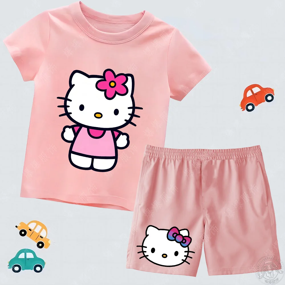 Kids Kitty Short Sleeve T-shirt Suit Summer Casual beach Shorts Kawaii 2D Hello Kitty Print Tops Cute T-shirt set for girls