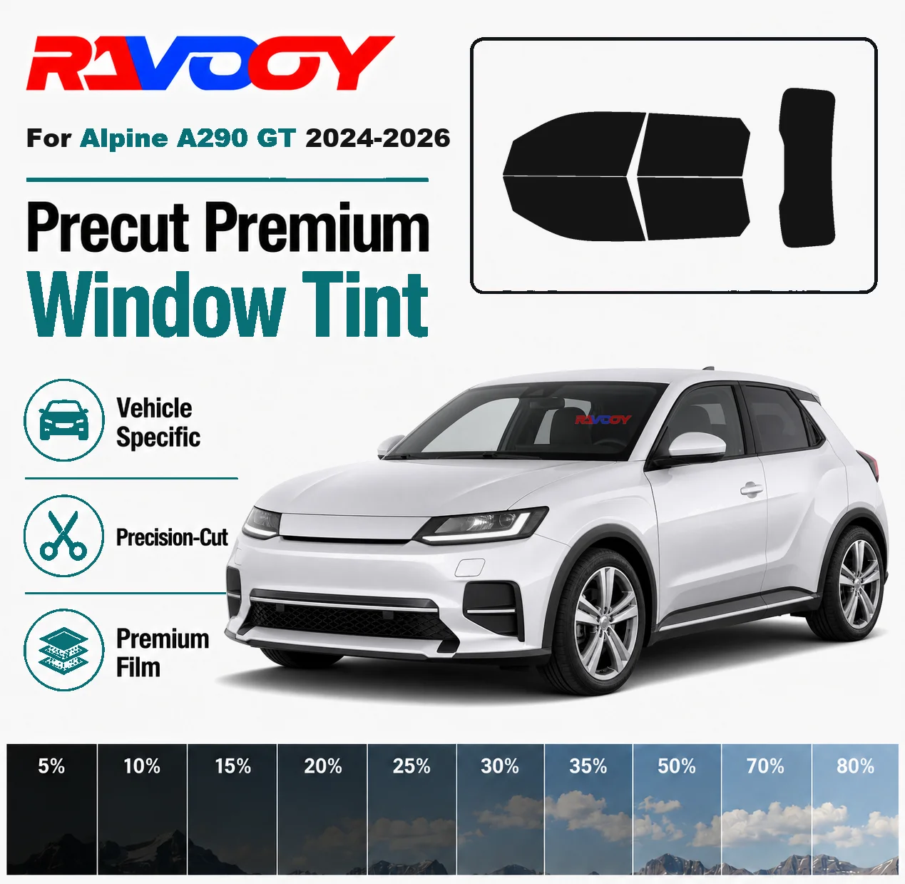 For Alpine A290 GT 2024-2026 RAVOOY Pre-Cut Window Tint Film Vehicle-Specific Full Kit Front & Rear Windows Precision-Cut