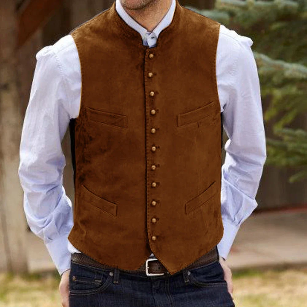 New Suede Vest Autumn and Winter Men's Vests  Solid Color Casual Single-breasted Vest Casual Suit Male Weste Steampunk Gilet
