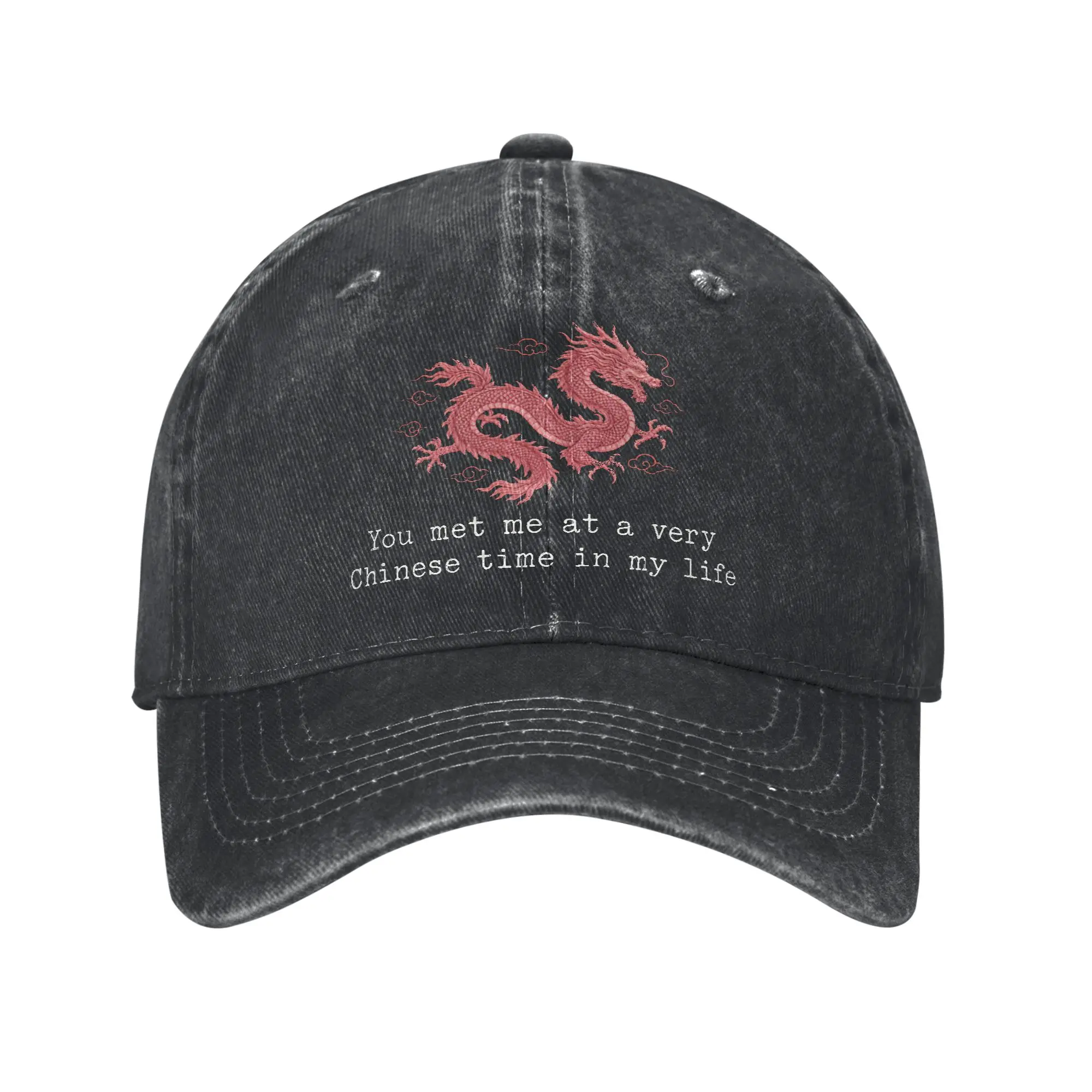 Casual You Met Me At A Very Chinese Time In My Life Funny Red Dragon Meme Baseball Cap Distressed Cotton Snapback Hat Gift Cap