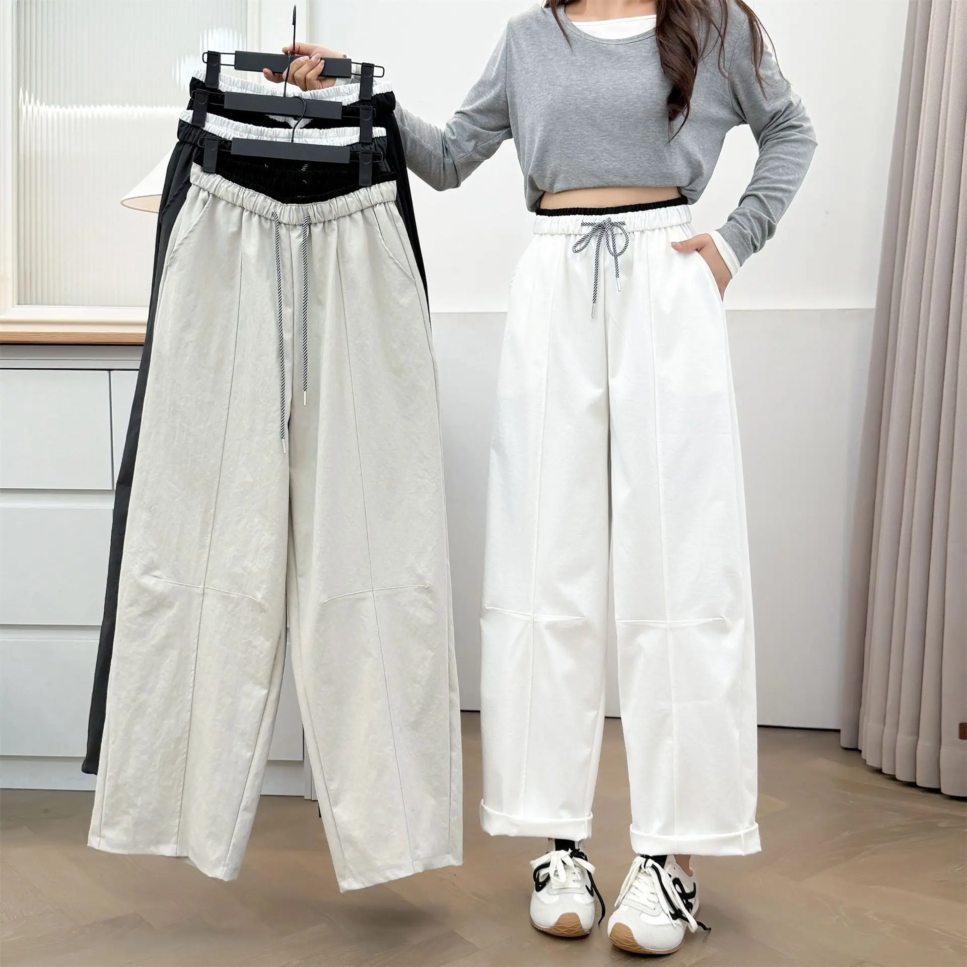 

Модные женские брюки больших размеров, осень 2025 года, повседневные широкие брюки с завязками на талии 2218