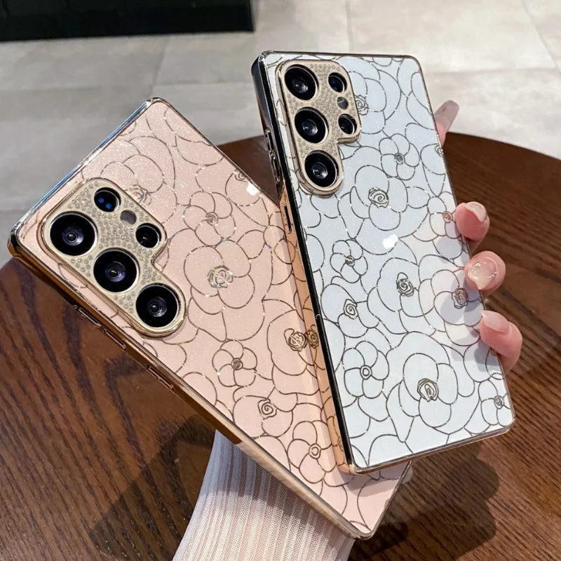 Phone Case For Samsung S26 S25 Edge S24 S23 Plus S26 Ultra S23 FE Electroplated PC+TPU Shockproof Graceful Flower Thin Cover
