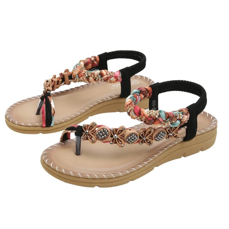 Plus Size 36-41 Low Sandals Women Leather Low-heeled Bohemia Style Beach Flip Flops Lighweight Comfortable Soft Sole Slippers