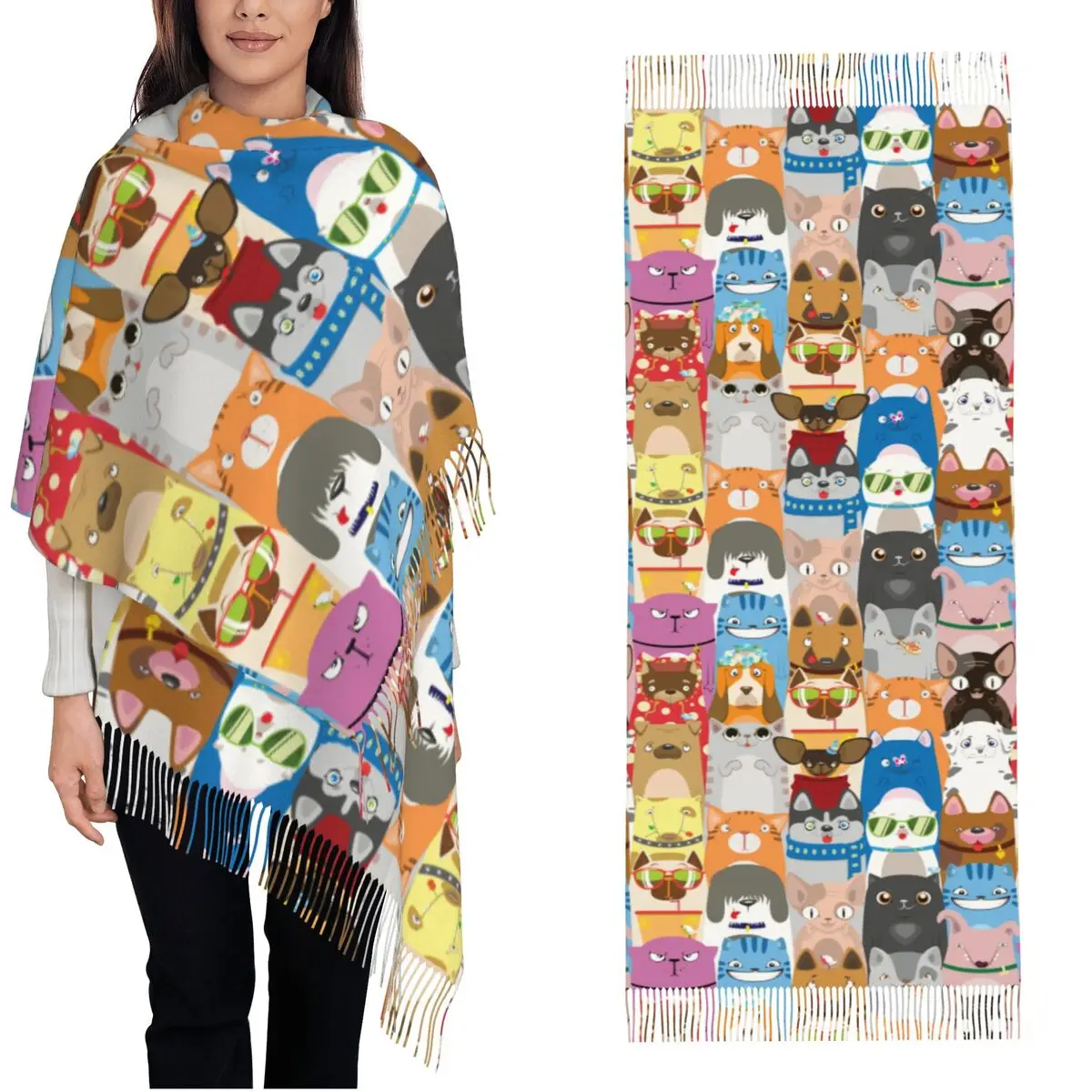 Funny Cats And Dogs Shawl Wrap for Ladies Warm Long Soft Scarf Puppy Kitten Pet Lover Pashminas Shawl Scarves