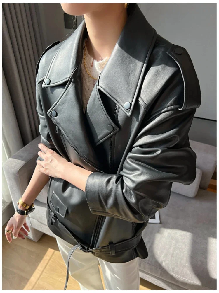 Oversize Mid-length Genuine Leather Jacket for Women 2024 Trend High-end Autumn Winter Motorcycle Sheepskin Coats