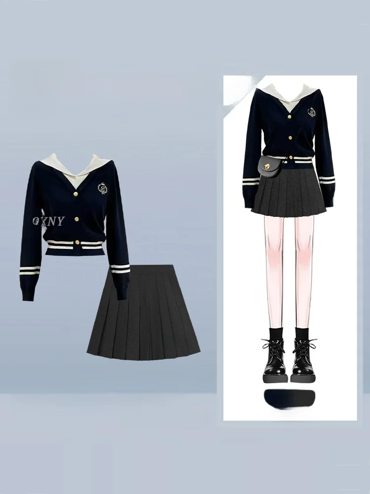 

Осенний женский одинаковый комплект в стиле преппи, юбка с высокой талией, полосатый вязаный топ, цветной наряд Blo Faion, студенческий костюм для колледжа