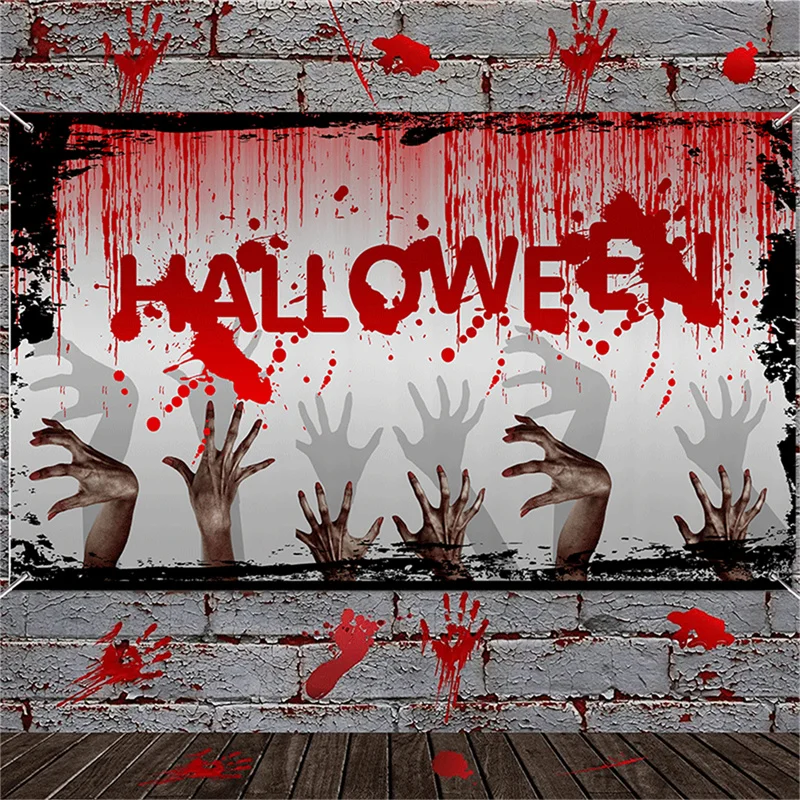 

Happy Halloween Banner Bloody Bat Pumpkin Ghost Print Party Backdrop Hanging Banner Halloween Party Decoration For Home