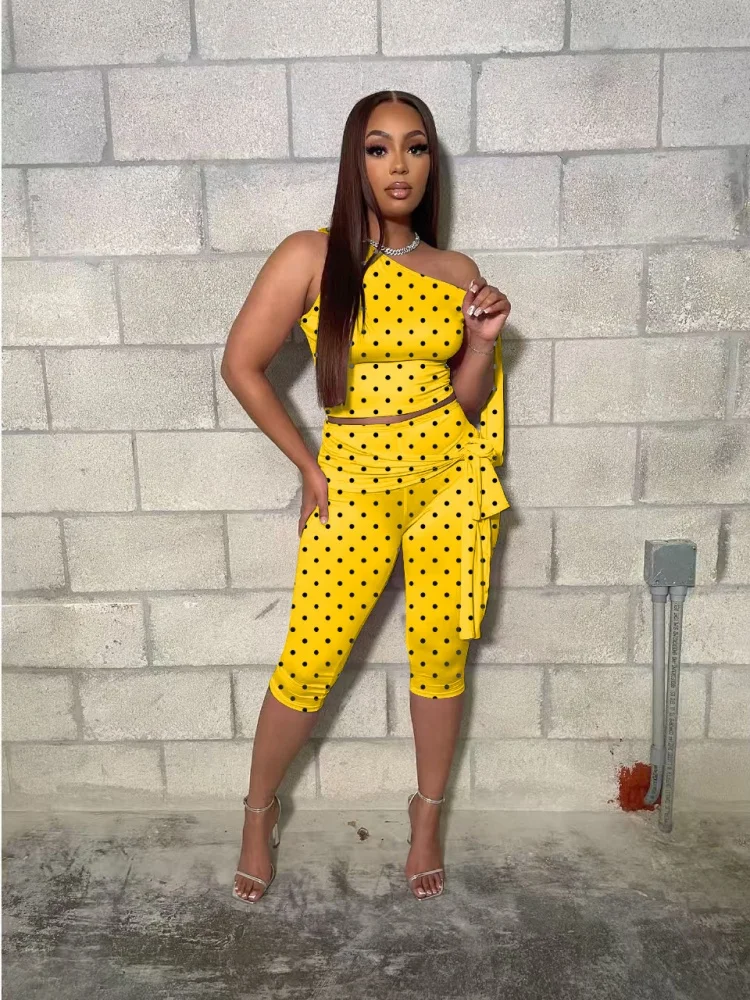 

Комплекты из двух предметов Wmstar для женщин оптом: повседневный комплект с поясом на одно плечо и принтом в горошек, новинка лета, дропшиппинг