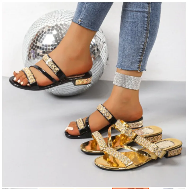 Summer New Women Slippers Medium Heel Thick Heel Slippers Open Toe High Heel Rhinestones Shoes Lightweight Sandals Slides Women