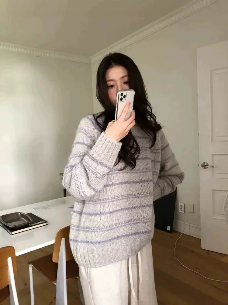 

Soft Cozy Women's round Ne Knitted Sweater Casual Sle Striped Loose Fit Korean Leisure Top Warm Long Sve