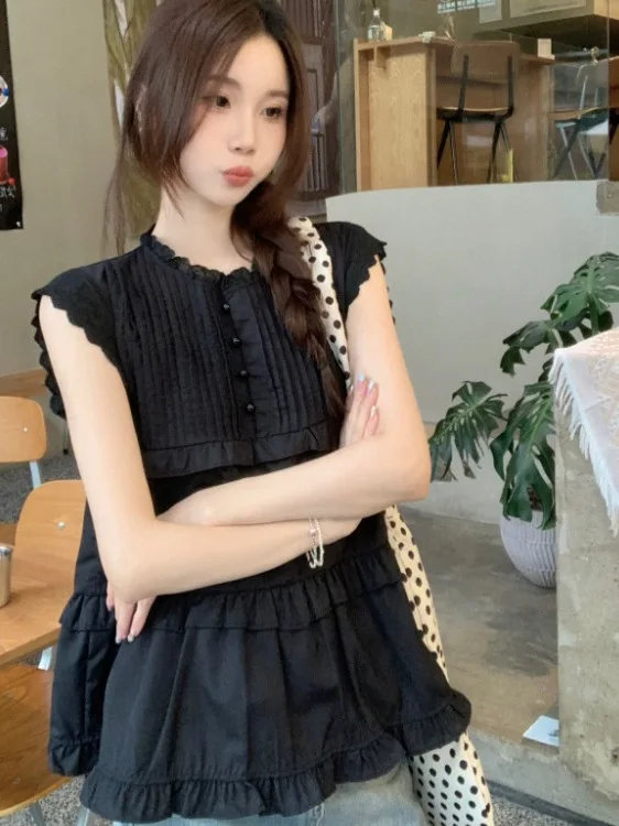 

Korean Sle Sweet Ruffle Sve irt Women's Summer Design Sense Small Prure Fold Top Korean Loose Fit Casual irt
