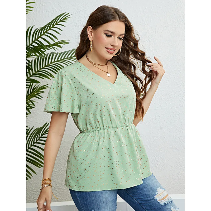 Plus Size Women's Short Sleeve Light Green Shirt Blouse Solid V Neck Office Lady Loose Shirt Oversized Clothing Summer