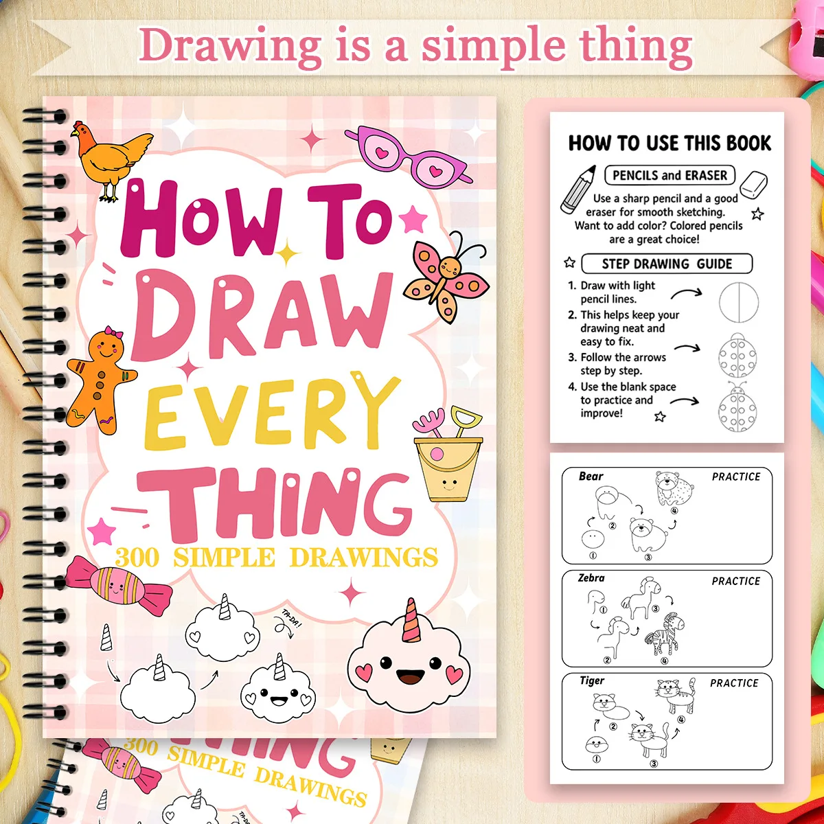 New Hot Cross-border 110 Pages Step-by-Step Cute Kids Drawing Book, A4 Spiral Notebook